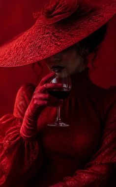 Woman in a red hat and gloves holding a wine glass