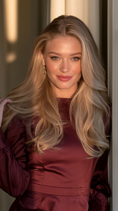 Woman with long blonde hair in a maroon dress, illuminated by soft lighting
