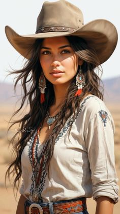 Woman in a cowboy hat and embroidered shirt in a desert landscape
