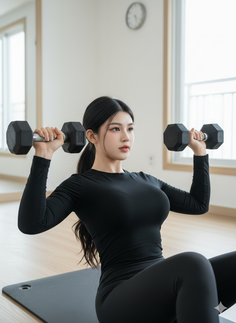 Woman in black athletic wear doing dumbbell presses on a mat indoors