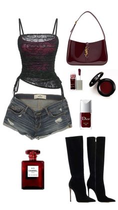 Fashion flat lay with a lace top, denim shorts, boots, and accessories