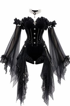 Gothic style black off-shoulder corset top with sheer sleeves and lace trim