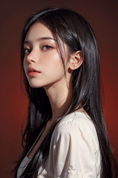Woman with long black hair in a soft-lit portrait against a warm background