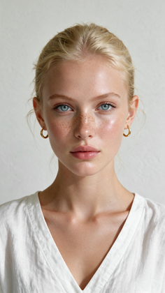 Close-up portrait of a woman with blonde hair, blue eyes, and freckles
