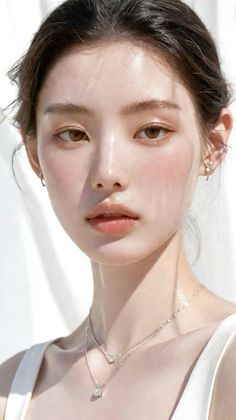 Close-up portrait of a woman with natural makeup and jewelry