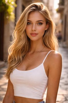 Blonde woman with long hair wearing a white top and necklaces outdoors