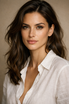 Woman with long wavy hair wearing a white shirt, looking directly at the camera