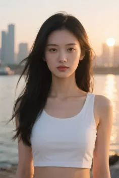 Woman with long dark hair in a white crop top during golden hour with a cityscape background