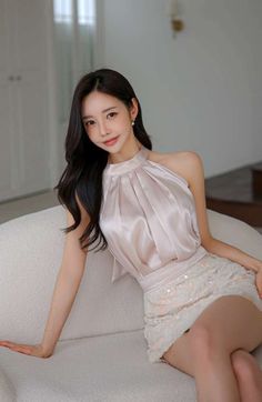 Woman with long black hair wearing a satin halter top and sequin skirt, sitting indoors