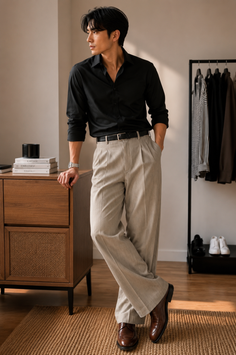 Man in a black shirt and dress pants leaning on a wooden cabinet indoors