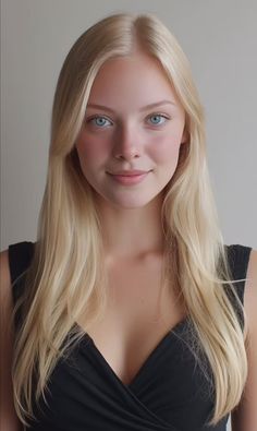 Blonde woman with blue eyes and long hair wearing a black top with cleavage
