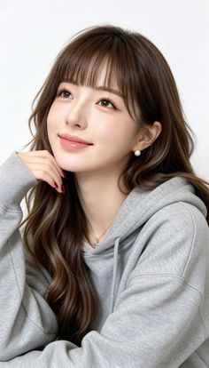Woman with long brown hair wearing a gray hoodie and pearl earrings
