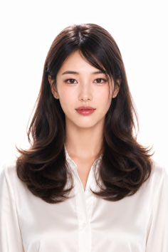 Woman with long dark hair wearing a white shirt in a studio portrait