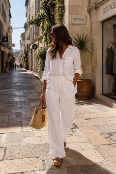 Woman in a white linen outfit and sunglasses walking on a cobblestone street