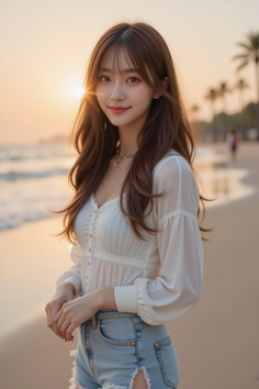 Woman with long hair in a white blouse and denim shorts on a beach at sunset