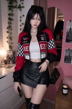 Woman in a racing jacket, leather skirt, and crop top posing indoors