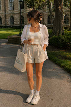 Woman in a white shirt and shorts holding a coffee cup outdoors