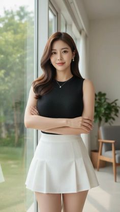 Woman with long hair in a black top and white pleated skirt indoors