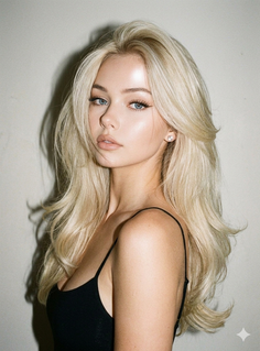 Woman with long blonde hair and blue eyes wearing a black top