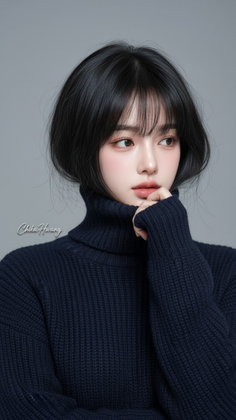 Woman with short black hair wearing a dark turtleneck sweater in a studio setting