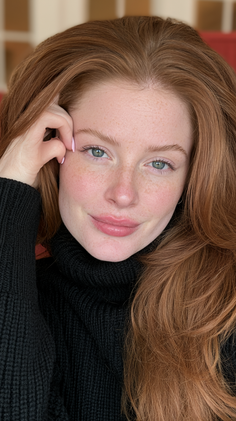 Woman with red hair and freckles wearing a black turtleneck