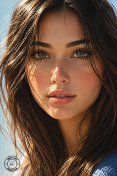Close up portrait of a woman with long brown hair and green eyes
