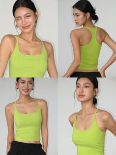 Woman in a lime green top posing in a studio