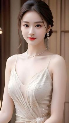 Woman in an elegant evening dress with pearl earrings and a necklace
