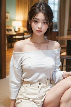 Woman with short hair wearing an off-shoulder top indoors