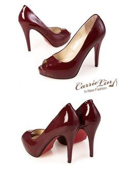 Two burgundy patent leather peep-toe high heels with red soles