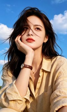 Woman with long dark hair wearing a beige shirt under a blue sky