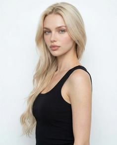 Woman with long blonde hair wearing a black tank top against a white background