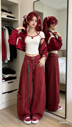 Woman with red hair in twin tails wearing a crop top and wide leg pants
