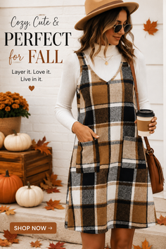 Woman in a plaid dress and fedora hat with fall decorations