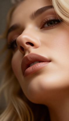Close up of a woman's face with blonde hair and natural makeup
