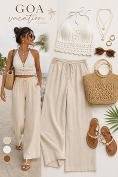 Woman in a crochet top and wide leg pants with vacation accessories