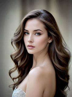 Woman with long wavy hair and exposed shoulders looking at the viewer