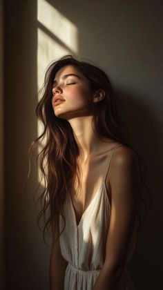 Woman with long hair in a white dress, illuminated by dramatic lighting