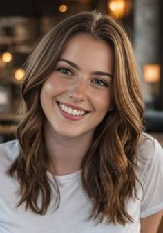 Smiling woman with long brown hair wearing a white t-shirt