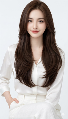 Woman with long brown hair wearing a white shirt and pants in a studio