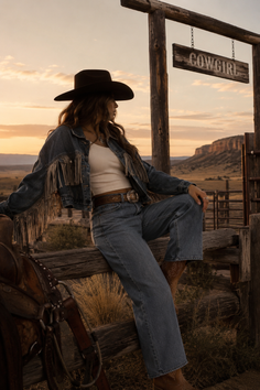 Woman in cowgirl attire sitting on a wooden fence at sunset in a desert landscape