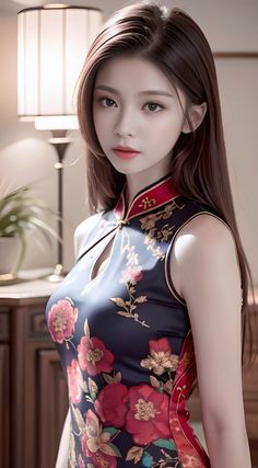 Woman in a dark cheongsam with red and gold floral patterns
