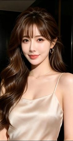 Woman with long brown hair and bangs wearing a spaghetti strap top and gold jewelry