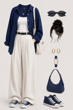 A casual outfit featuring a blue shirt, white tank top, and wide-leg pants