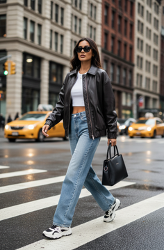Woman in a leather jacket and jeans crossing a city street