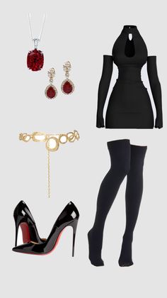 A collection of black clothing and red and gold accessories on a gray background