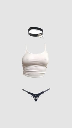 White tank top, black choker, and black thong on a plain background