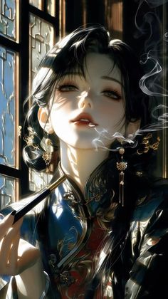 Illustration of a woman in a cheongsam smoking with dramatic lighting
