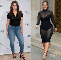 Two full body photographs of a woman in different outfits