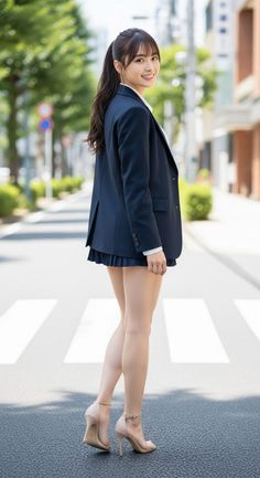 Woman in a school uniform and heels standing on a street